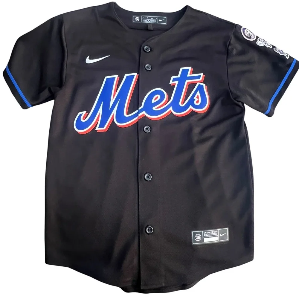 NY Mets Nike 2022 Max Scherzer #21 Youth Jersey Black Mr.Met Patches on sleeve 8